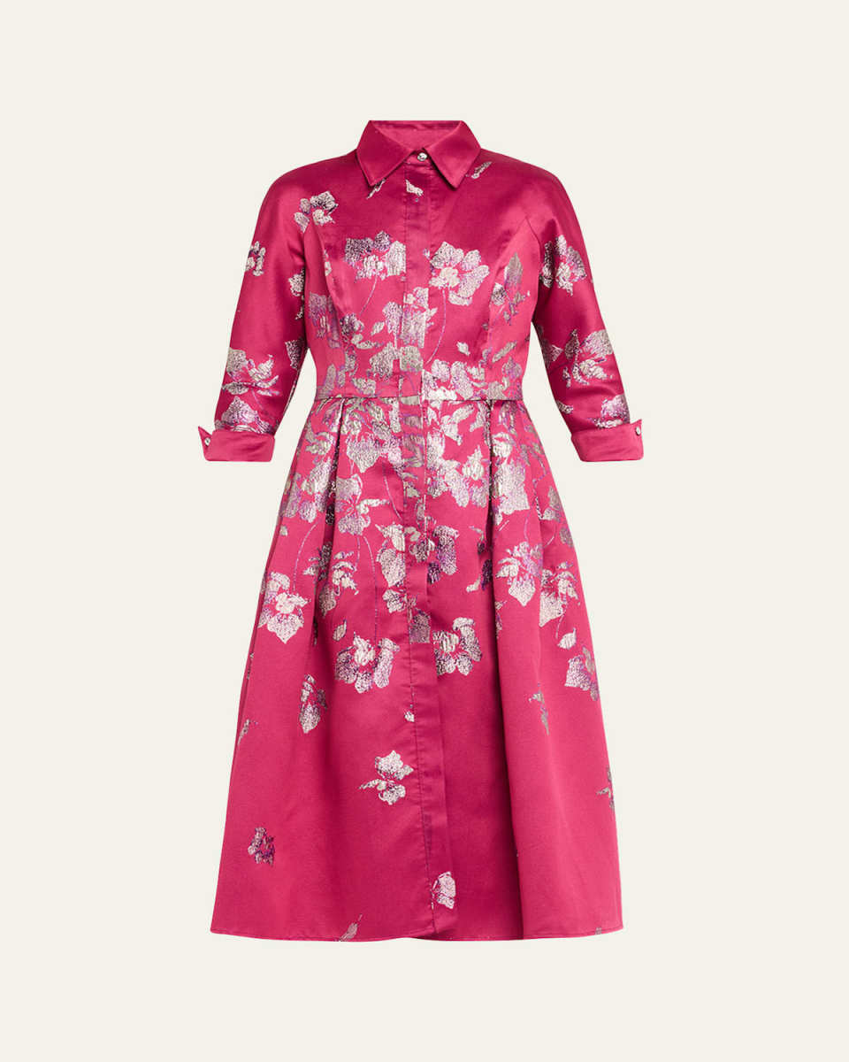 Pleated Metallic Jacquard Midi Shirtdress